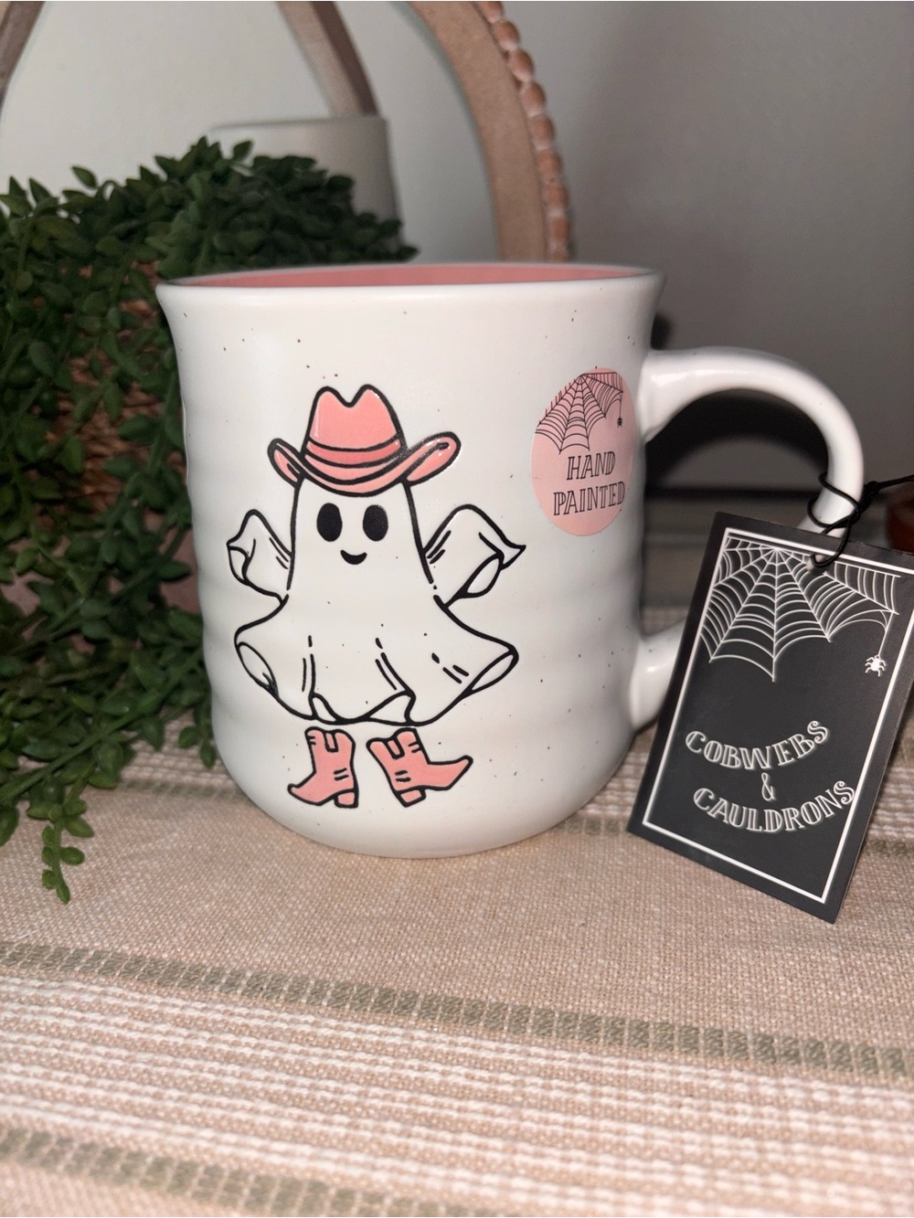 Hand-Painted Pink Ghost Cowboy Ceramic Mug